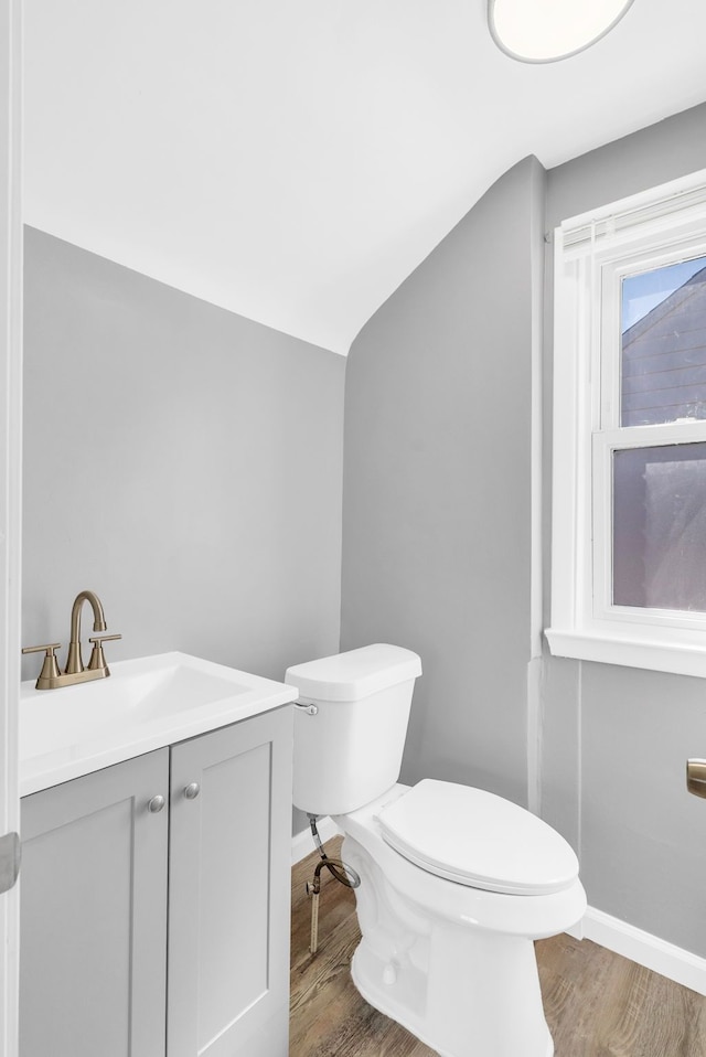 13955 Prevost St, Detroit, MI 48227 - bathroom featuring vanity, vaulted ceiling, toilet, wood finished floors, and baseboards