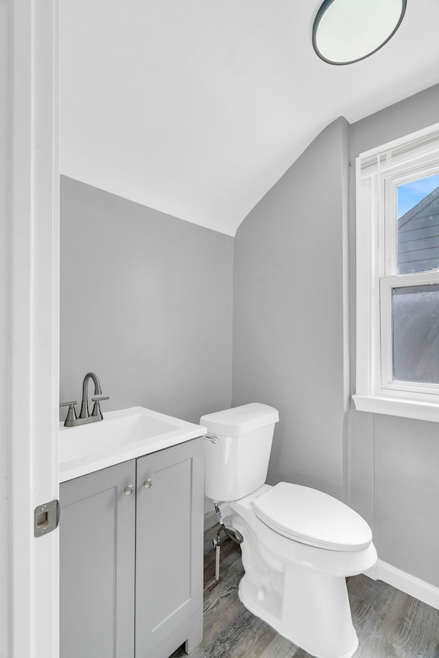13955 Prevost St, Detroit, MI 48227 - half bath with vanity, vaulted ceiling, toilet, wood finished floors, and baseboards
