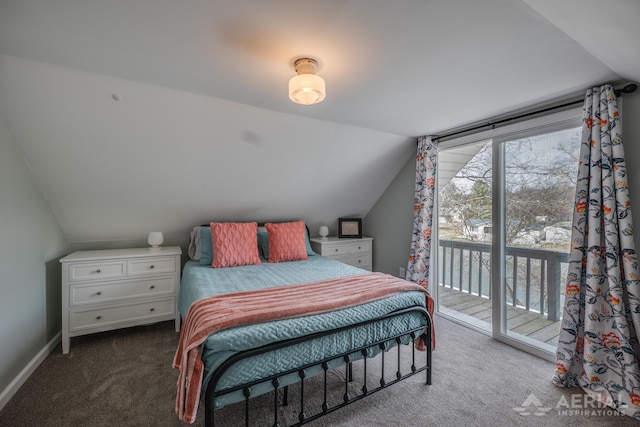 bedroom with vaulted ceiling, access to outside, carpet floors, and baseboards
