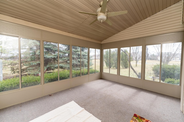 1527 Somerset Ct, Mount Pleasant, MI 48858 - unfurnished sunroom with wood ceiling, ceiling fan, carpet flooring, and vaulted ceiling