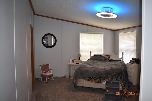 carpeted bedroom featuring a textured ceiling, crown molding, and lofted ceiling