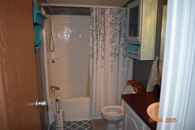 bathroom with tile patterned floors, shower / tub combo with curtain, vanity, and toilet