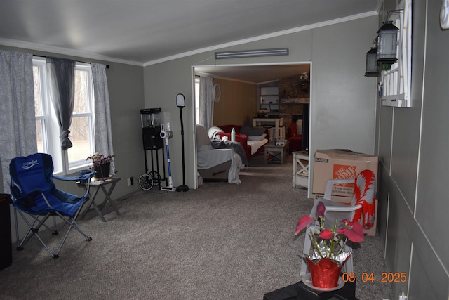 misc room featuring ornamental molding, carpet flooring, and a fireplace
