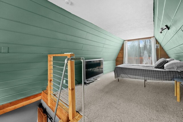 9341 W M-115, Mesick, MI 49668 - carpeted bedroom with wood walls, a textured ceiling, and lofted ceiling