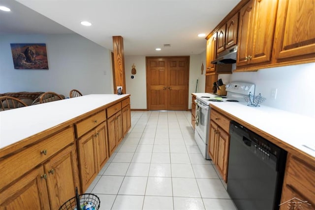 kitchen with brown cabinetry, black dishwasher, recessed lighting, light countertops, and white electric stove