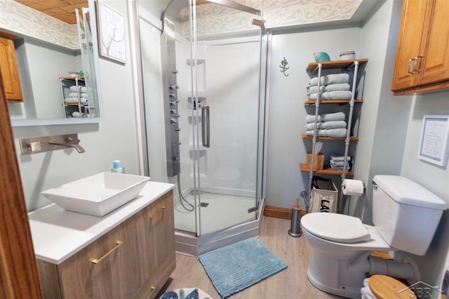 full bath with vanity, wood finished floors, toilet, and a shower stall