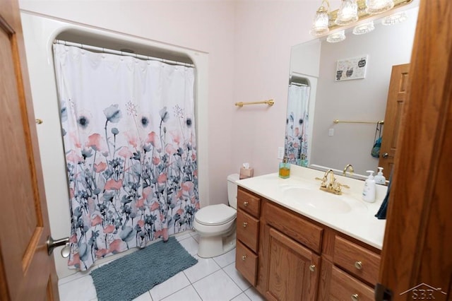 full bathroom with toilet, tile patterned floors, a shower with shower curtain, and vanity