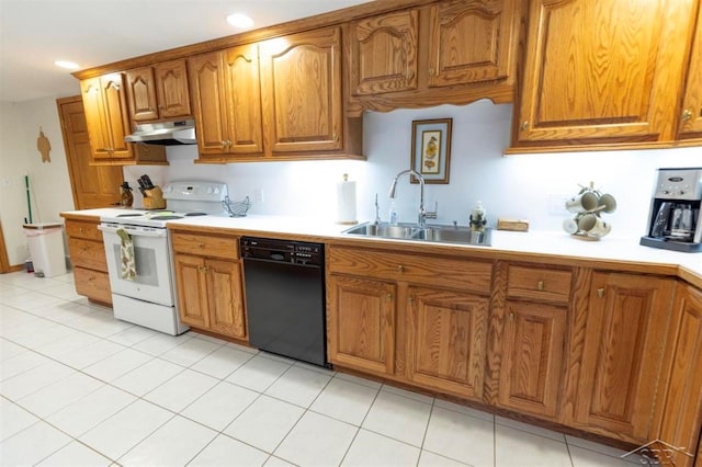 kitchen featuring a sink, under cabinet range hood, brown cabinets, electric stove, and dishwasher