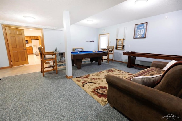 game room with carpet flooring, pool table, and baseboards