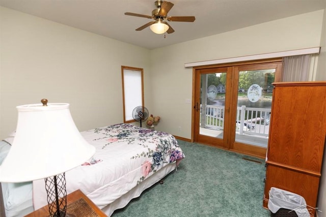 bedroom with access to outside, a ceiling fan, and carpet