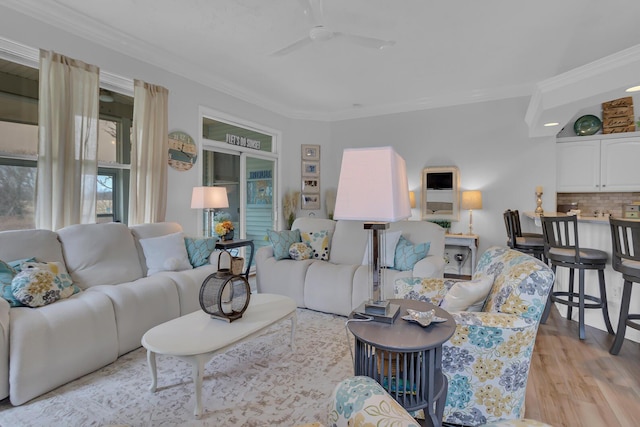 442 Constitution Ave, Brooklyn, MI 49230 - living room featuring crown molding, ceiling fan, and light wood-style floors