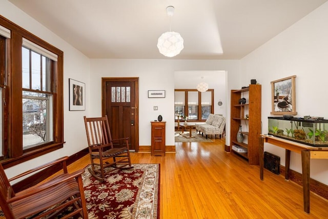 300 3rd St, Ann Arbor, MI 48103 - foyer with an inviting chandelier, baseboards, plenty of natural light, and light wood-type flooring