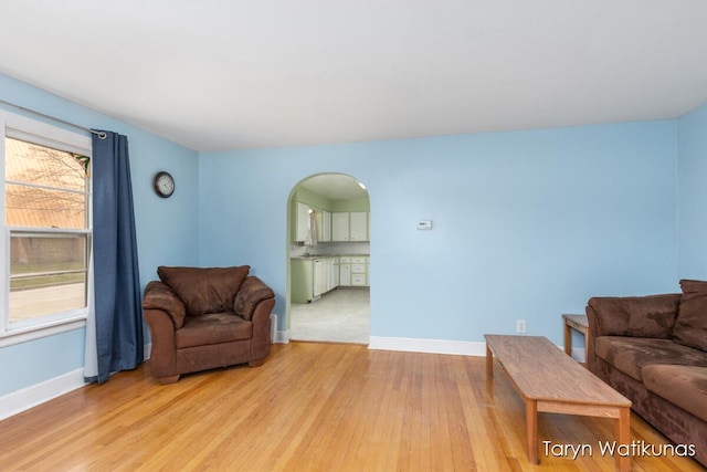 1193 E Apple Ave, Muskegon, MI 49442 - living area featuring baseboards, arched walkways, and light wood-style floors