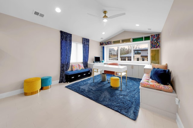 interior space featuring a ceiling fan, visible vents, recessed lighting, lofted ceiling, and baseboards