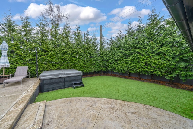 view of yard with a patio area, a fenced backyard, and a hot tub