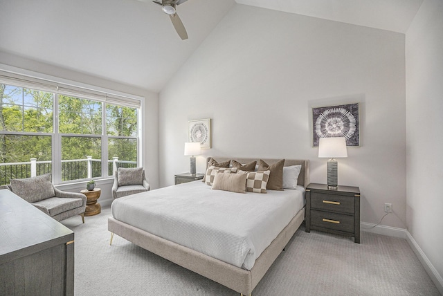 3092 N Spurway Dr, Ann Arbor, MI 48105 - bedroom featuring high vaulted ceiling, baseboards, light carpet, and ceiling fan