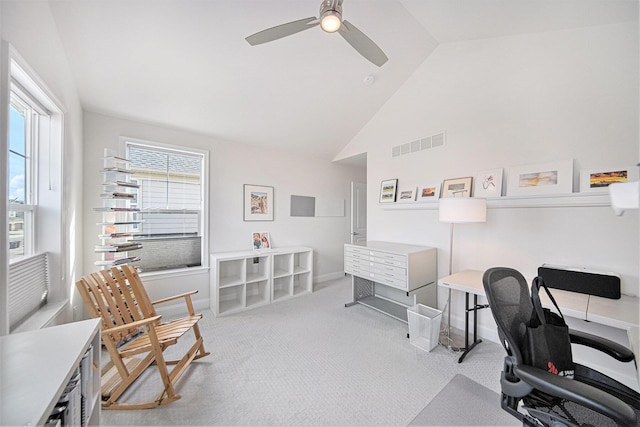 3092 N Spurway Dr, Ann Arbor, MI 48105 - carpeted home office with a ceiling fan, baseboards, and high vaulted ceiling