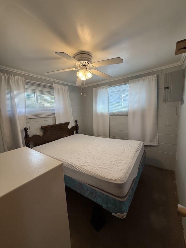 755 Bright Water Dr, Coldwater, MI 49036 - bedroom featuring concrete block wall, ceiling fan, and crown molding