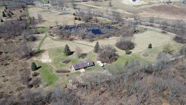 aerial view featuring a water view and a rural view