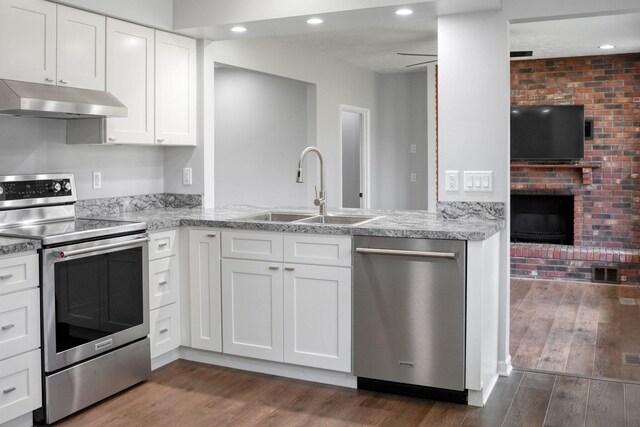 kitchen featuring under cabinet range hood, stainless steel appliances, dark wood-style floors, and a sink