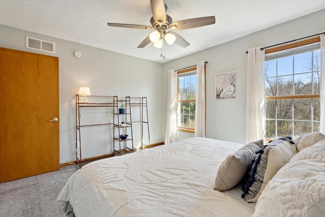 7101 River Glen Dr, Caledonia, MI 49316 - bedroom with visible vents, ceiling fan, a textured ceiling, and carpet floors