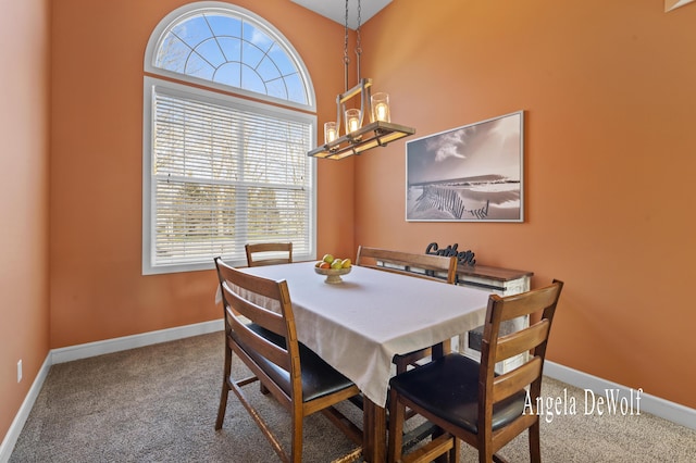 4087 Baldwin St, Hudsonville, MI 49426 - carpeted dining space with baseboards and a chandelier