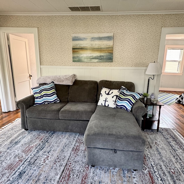 4830 Deep Point Dr, Portage, MI 49002 - living room with crown molding, wood finished floors, a wainscoted wall, and wallpapered walls