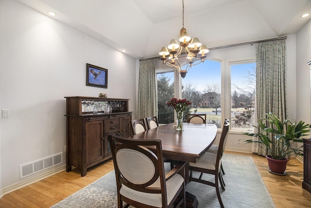 5002 Quincy Ct, Saline, MI 48176 - dining space featuring a chandelier, light wood-style flooring, baseboards, vaulted ceiling, and recessed lighting
