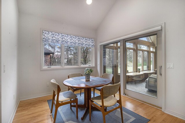 5002 Quincy Ct, Saline, MI 48176 - dining area with light wood finished floors, baseboards, and high vaulted ceiling