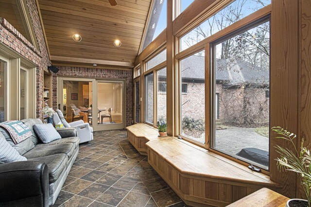 5002 Quincy Ct, Saline, MI 48176 - sunroom / solarium featuring recessed lighting, wood ceiling, plenty of natural light, stone finish flooring, and high vaulted ceiling
