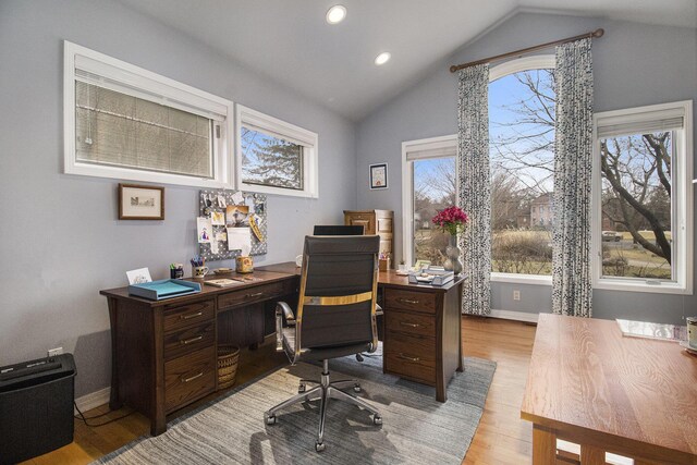 5002 Quincy Ct, Saline, MI 48176 - office area with light wood-style floors, vaulted ceiling, recessed lighting, and baseboards