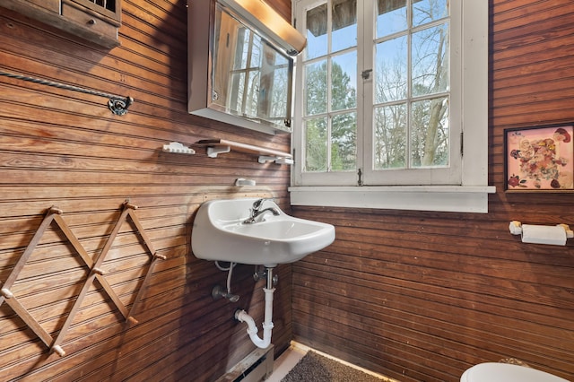 half bath with a sink, wood walls, and toilet