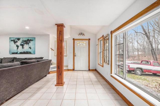 5353 Plum St, Coloma, MI 49038 - foyer with stairs, light tile patterned floors, and vaulted ceiling
