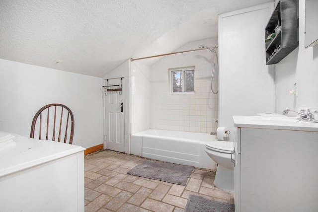 5353 Plum St, Coloma, MI 49038 - full bathroom featuring vanity, shower / bath combination, lofted ceiling, brick patterned flooring, and a textured ceiling