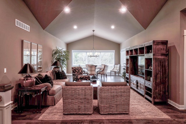 living area featuring high vaulted ceiling, visible vents, recessed lighting, a chandelier, and dark wood-style floors