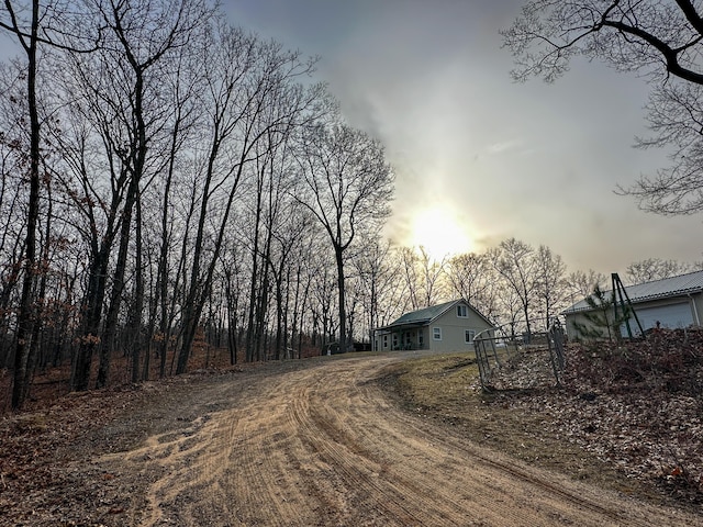 view of street with dirt driveway