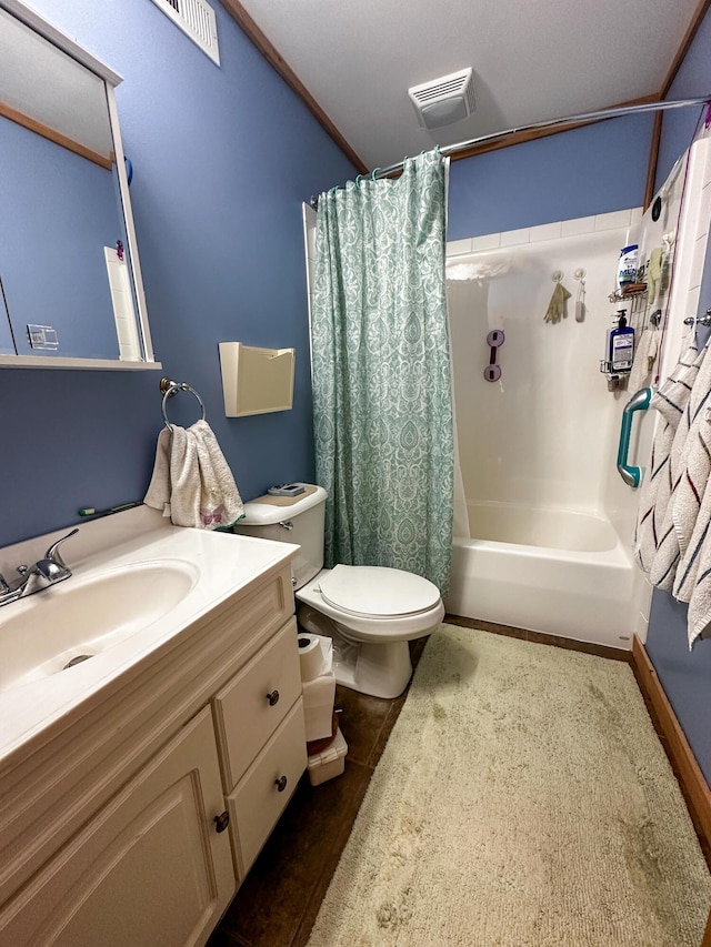 full bath with toilet, visible vents, shower / tub combo with curtain, and vanity