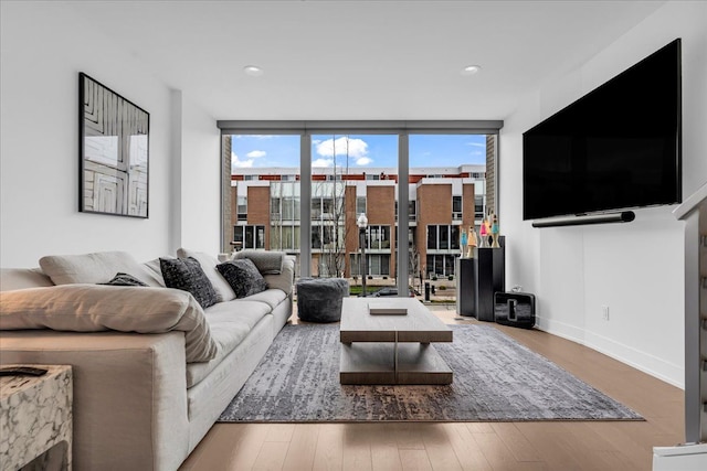living room featuring a wall of windows, wood finished floors, and baseboards