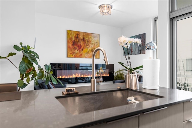 interior details with a glass covered fireplace and a sink