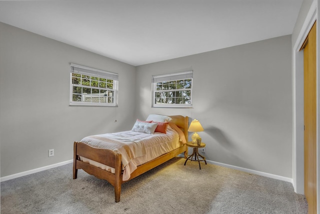 bedroom with a closet, carpet, and baseboards