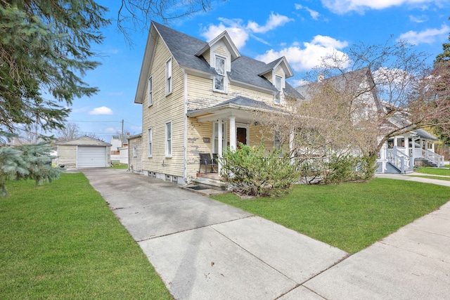 cape cod-style house with a detached garage, an outdoor structure, a front lawn, driveway, and roof with shingles
