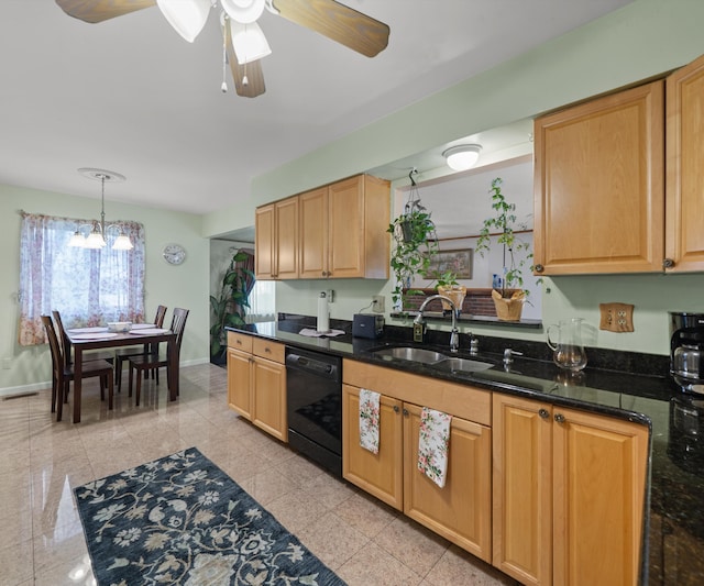 kitchen featuring visible vents, baseboards, dishwasher, a sink, and ceiling fan with notable chandelier