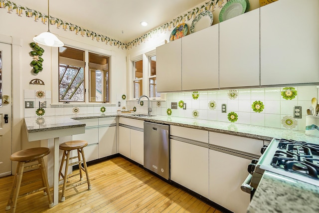 kitchen featuring light wood finished floors, dishwasher, a sink, and backsplash