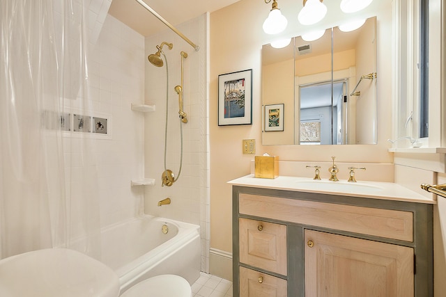 full bathroom with tile patterned flooring, visible vents, toilet, vanity, and shower / tub combination