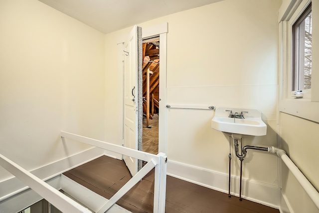 bathroom featuring wood finished floors and a sink