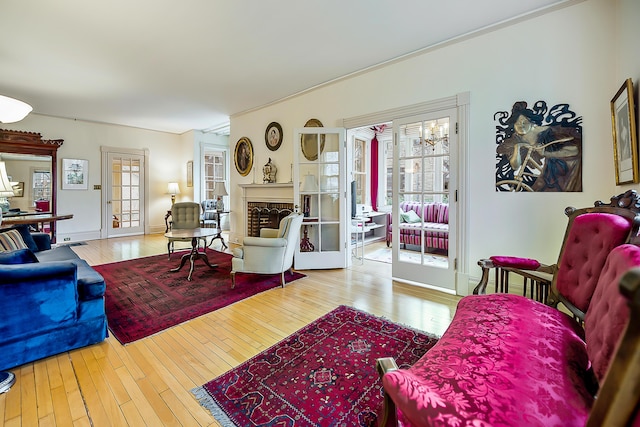 living room featuring hardwood / wood-style flooring and a fireplace