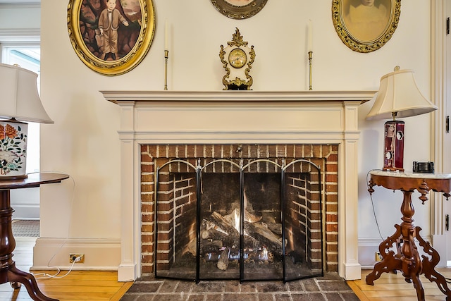 room details featuring wood finished floors and a fireplace