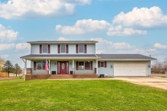 3353 Murphy Lake Rd, Millington, MI 48746 - traditional-style home with central air condition unit, driveway, a front lawn, a porch, and a garage