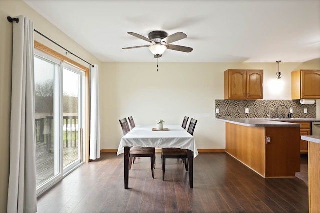 3353 Murphy Lake Rd, Millington, MI 48746 - dining room featuring dark wood-type flooring, baseboards, and ceiling fan