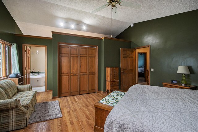 15095 N Barton Lake Dr, Vicksburg, MI 49097 - bedroom featuring a textured ceiling, ensuite bathroom, a closet, light wood-style flooring, and lofted ceiling